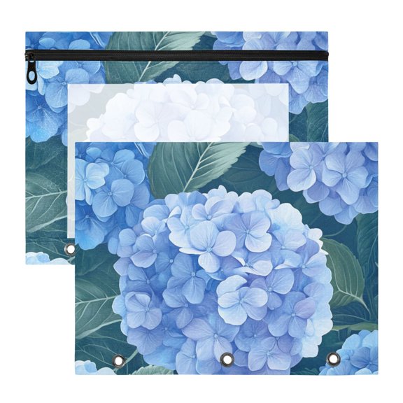 Blue Hydrangeas 3-Ring Binder Pouches A4 Size Zipper Pocket File Storage 2 Packs