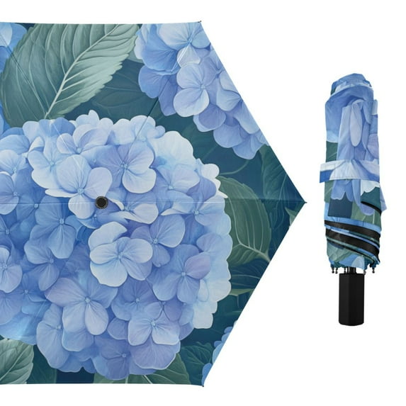 Blue Hydrangeas All Weather Umbrella Triple Folding Parasol 6 Ribs UV Protection Portable