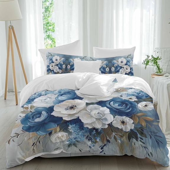 Blue Hydrangeas Floral Art Queen Size Bed Set,Country White Peony Flower Bedding for All Seasons,4 Pcs Bed Set,1 Quiltcover(90"x92"),1 Sheet(94"x116"),2 Pillowcases(30"x20")