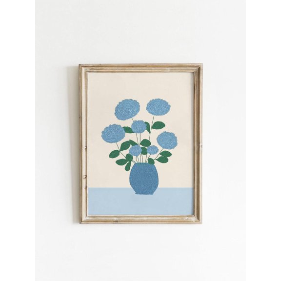 Blue Hydrangeas Floral Neutral Boho Botanical Wall Art, Unframed Poster