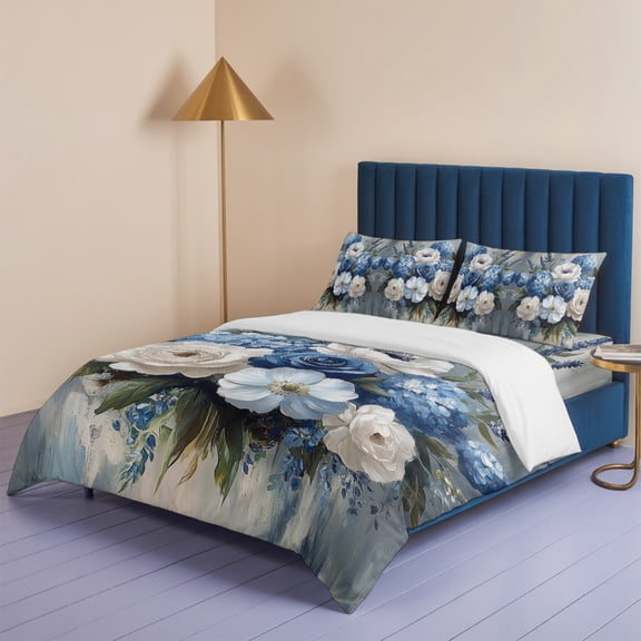 Blue Hydrangeas Garden Flower Queen Size Bed Set,Vintage Oil Painting Bedding for All Seasons,4 Pcs Bed Set,1 Quiltcover (90"x90"),1 Sheet (90"x102"),2 Pillowcases (20"x30")