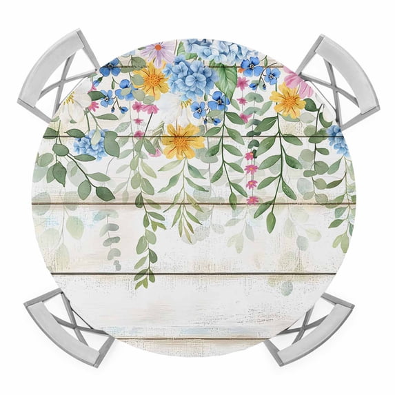 Blue Hydrangeas Green Leaves Elastic Fitted Round Table Cover Floral Wood Grain Waterproof Outdoor Tablecloth for Holiday Party, Picnic, Patio & Dining Fits Tables Up to 55"-60"