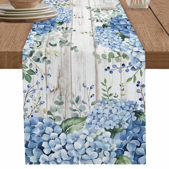 Blue Hydrangeas Green Leaves on Wood Grain Table Runner-36 Inch Long Summer Flower Table Runners Linen Burlap Tablerunner for Kitchen Dining Room Holiday Party