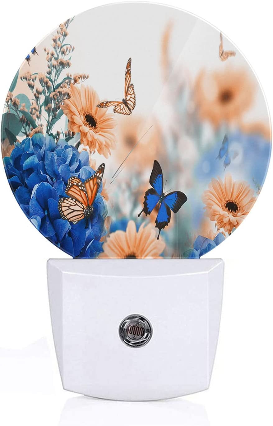 Blue Hydrangeas Night Light Butterfly Pink Flowers Floral Plant Plug in