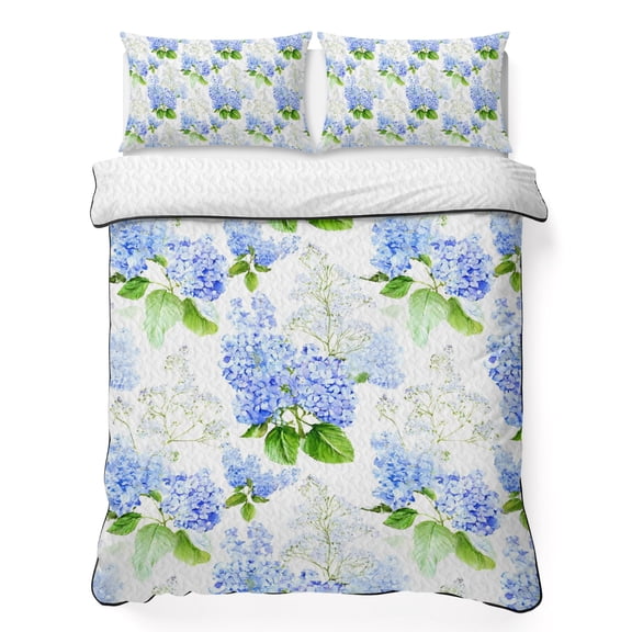 Blue Hydrangeas Queen Quilt Bedding Set, Spring Floral Green Leaves Plant Gradient Lightweight Comforter with 2 Pillow Shams Bedroom Bedspread Set Home Decor for All Seasons