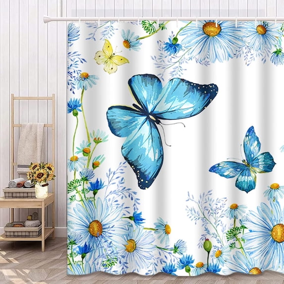 Blue Hydrangeas Shower Curtain 72 x 72 Inch, Spring Floral Daisy Shower Curtain Butterfly Shower Curtain Bathroom Decor, Polyester Fabric Waterproof with Hooks