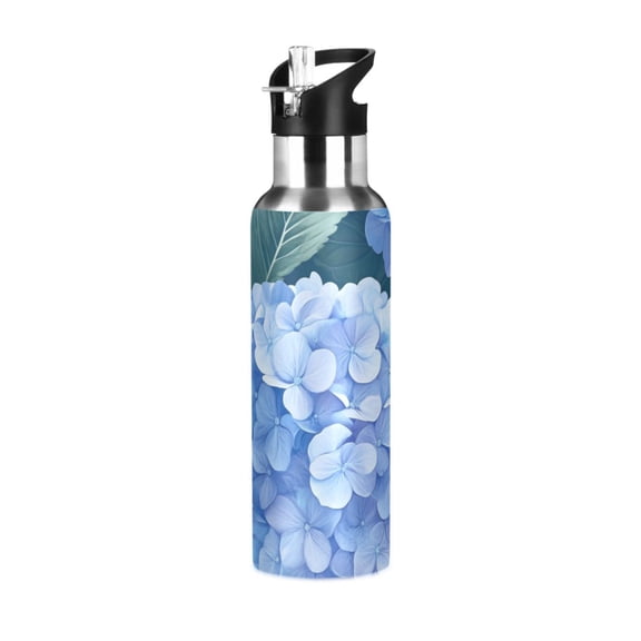 Blue Hydrangeas Sports Bottle with Straw Stainless Steel Water Jug Portable Thermal Cup Leak-proof 600ML