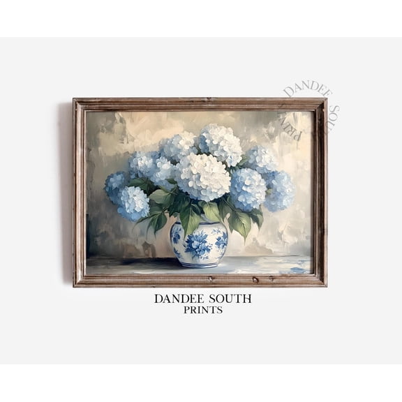 Blue Hydrangeas Wall Art, Rustic Farmhouse Floral Print, Unframed Paper Poster 24x36in