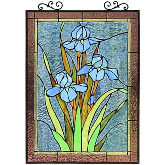 Blue IRIS Floral Tiffany-Style Verical Hanging 25" Tall Stained Glass Window Panel, Multi-Colored (CH8P027BF24-VRT)$$Home Decor, Kitchen, & Other