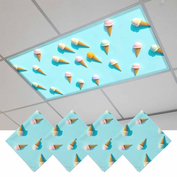 Blue Ice Cream Fluorescent Light Covers, Summer Colorful Ice Cream Magnetic Light Covers for Ceiling Lights, Fluorescent Ceiling Shade Filters for Classroom Bedroom Office 4x2Ft x 4PCS