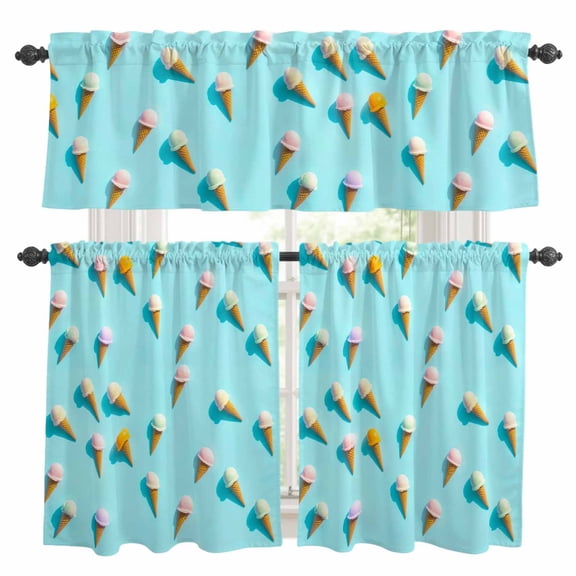 Blue Ice Cream Kitchen Curtains Sets for Windows 36 Inch Length, Summer Colorful Ice Cream Rod Pocket Window Treatments Tier Curtains and Valances Set for Bedroom/Bathroom