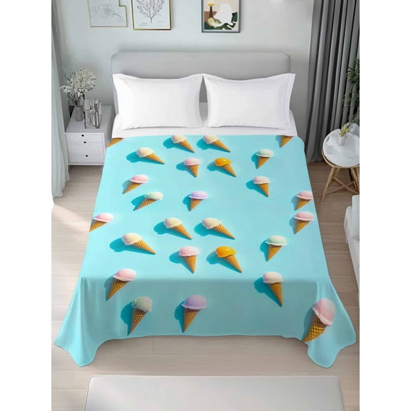 Blue Ice Cream Queen Size Flat Sheet, Wrinkleproof & Fadeproof Cooling Flat Bed Sheet Only, Summer Colorful Ice Cream Breathable Soft Bedding Top Sheets 90 x 102 Inches