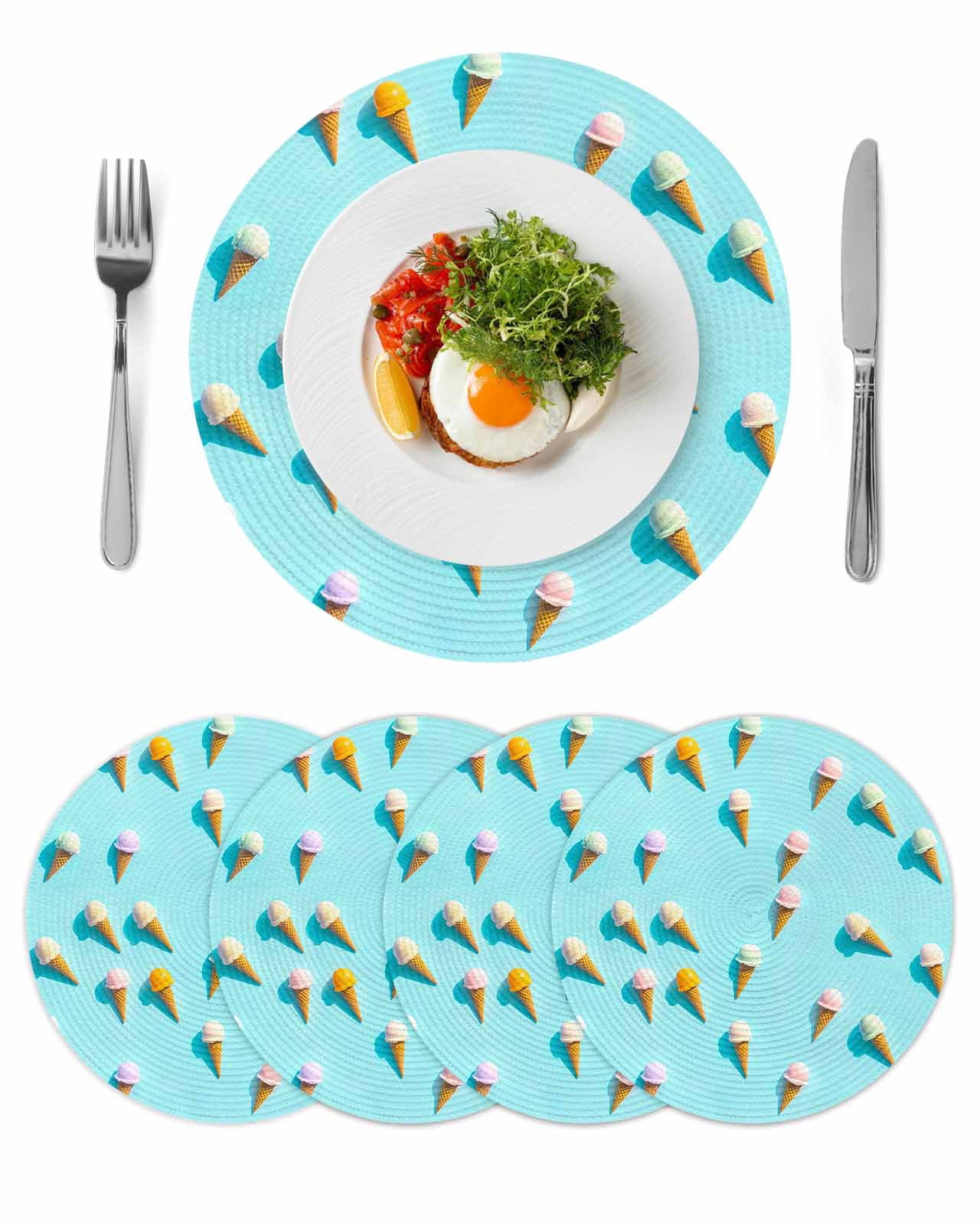 Blue Ice Cream Round 13 Inch Placemats Set of 4, Summer Colorful Ice ...