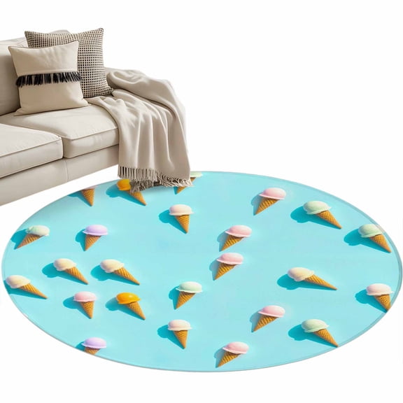 Blue Ice Cream Round Area Rug 4ft, Summer Colorful Ice Cream Washable Non-Slip Circle Rugs for Bedroom Living Room Kitchen, Soft Non Shedding Circle Carpet for Dining Room Dorm