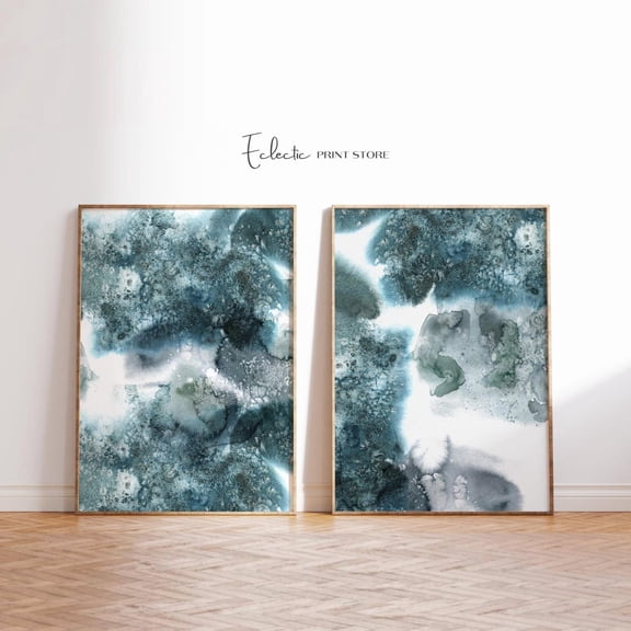 Blue Ice Crystal Wall Art Print Set Of 2 With Winter Minimal Landscape Decor