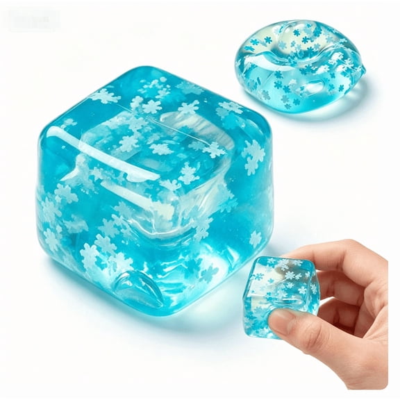 Blue Ice Cube Stress Ball with Snowflakes Inside, Square Squeeze Ball Sensory Fidget Block, Slow Rising Clear Ice Cube for Anxiety Relief and Party Supply Gift