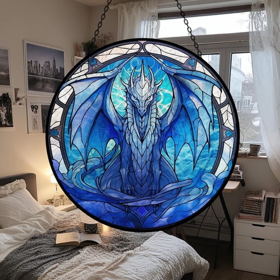 Blue Ice Dragon Glass Suncatcher, Fantasy Mythology Window Decor, Magic Dragon Fan, 7.9 in