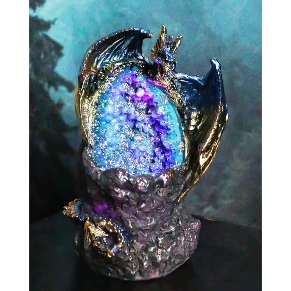 Blue Ice Dragon With Colorful LED Quartz Faux Geode Rock Crystal Cove Figurine
