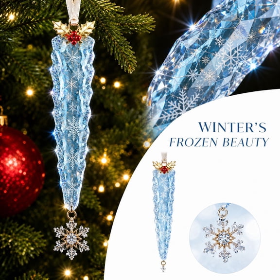 Blue Icicle Christmas Ornament Holly Snowflake Accent Hanging Decoration for Christmas Tree Home Holiday Gifting