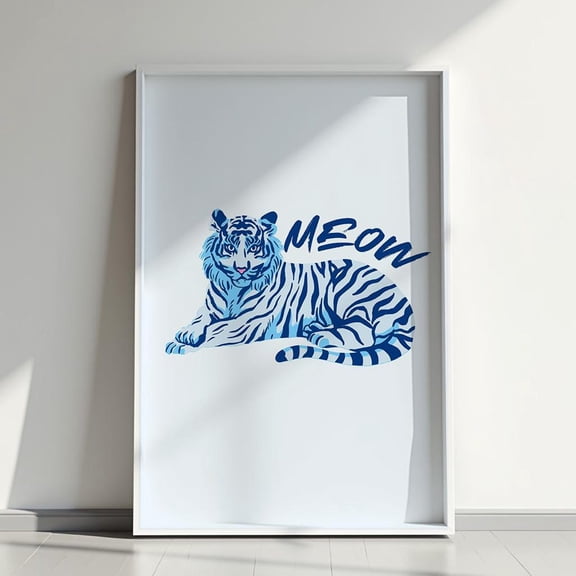 Blue Illustrated Tiger Minimal Animal Playful Home Wall Decor Unframed Paper Print
