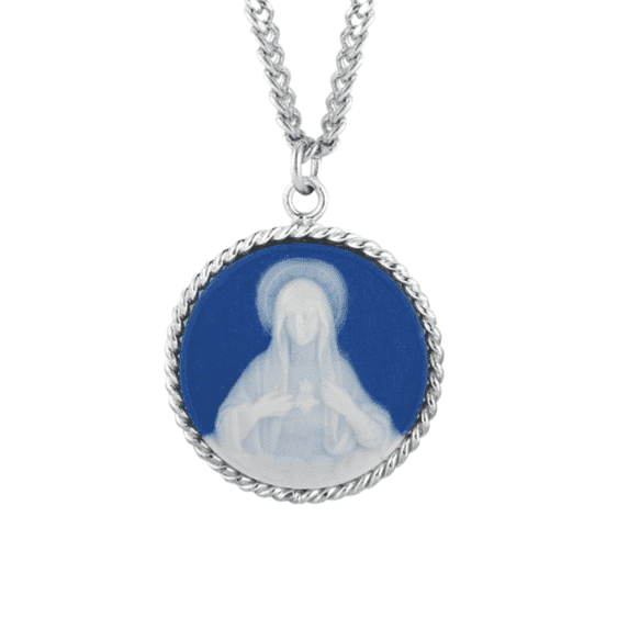 Blue Immaculate Heart of Mary Cameo Medal Necklace– 18" Rhodium Plated Stainless Steel Chain – Capodimonte Porcelain – Sterling Silver Frame –Made in Italy- Deluxe Velvet Gift Box Included
