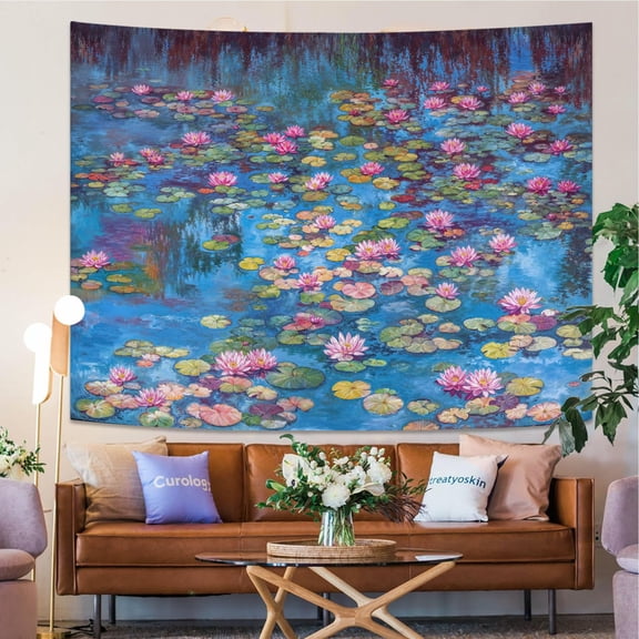 Blue Impressionist Water Lily Pond Tapestry Nature Landscape Wall Hanging Decor for Bedroom Living Room, 40x30 inch