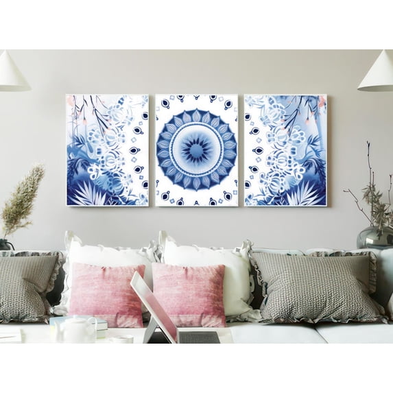 Blue Indigo Mandala Prints Set Of 3, Cherry Blossom Bamboo Zen Wall Art ...