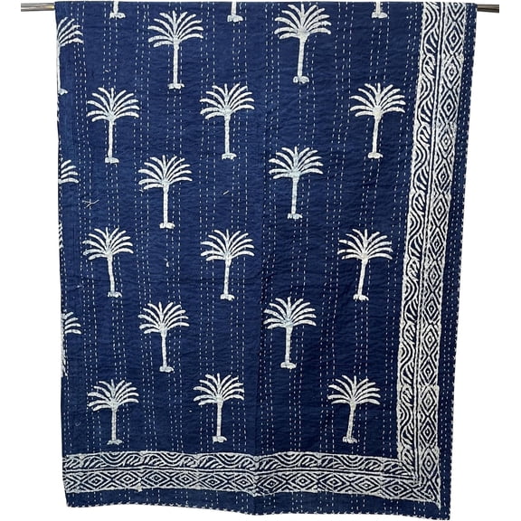 Blue Indigo Print Cotton Handmade Handblock Quilted Blanket Indian Cottodspread Kantha Indigo Bed Decor Block Throw Blanket
