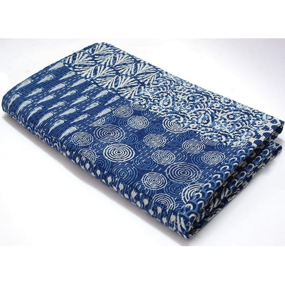 Blue Indigo Print Cotton Handmade Handblock Quilted Blanket Indian Cottodspread Kantha Indigo Print Beork Bohemian Bed Decor Block Throw Blanket.