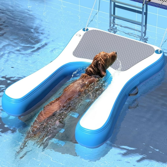 Blue Inflatable Dog Boat Ramp - Floating Dock Ladder for Pool/Lake, Non-Slip EVA Foam Platform Supports Up to 230 lbs - Portable & Easy Inflate/Deflate with 4 Steps & Handles