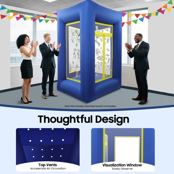 Blue Inflatable Money Machine Booth, Oxford Cloth Cash Windfall Cubicle for Parties & Year-End Celebrations, Floor Standing Rectangular Inflatable Money Grab Enclosure