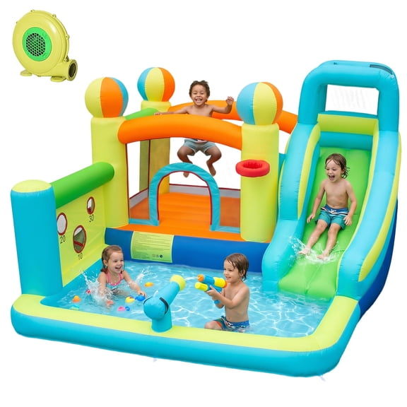 Blue Inflatable Water Slide Park with Splash Pool Climbing Wall Outdoor Backyard Play