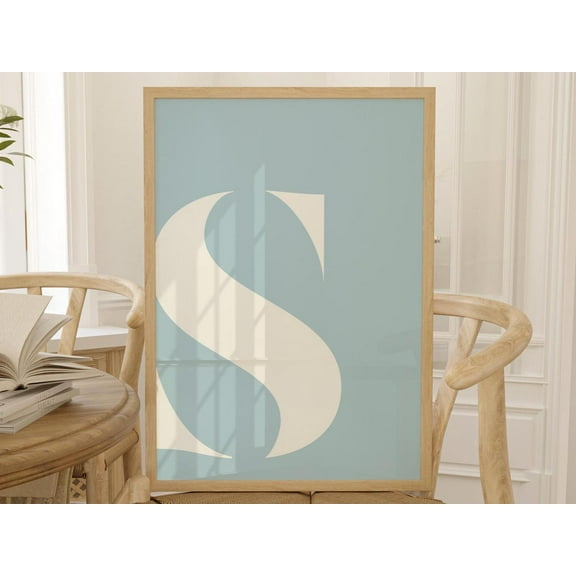 Blue Initial Wall Art Print Modern Letter Typography, Unframed Paper Poster 8x10in