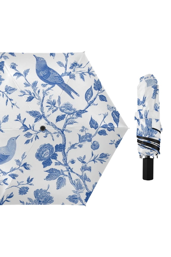 Blue Ink Birds Flowers All Weather Umbrella Triple Folding Parasol 6 Ribs UV Protection Portable