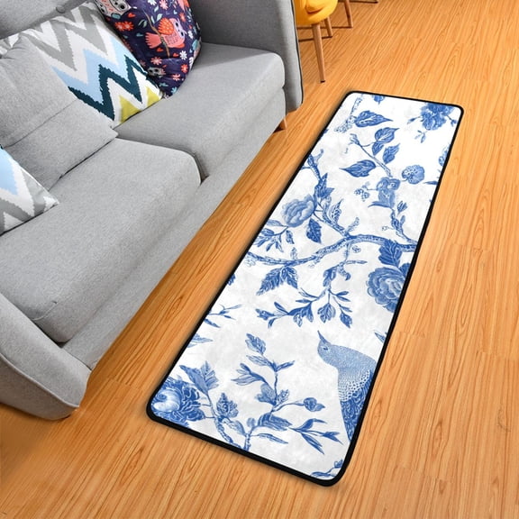 Blue Ink Birds Flowers Long Floor Mat Runner Rug Area Mat Noise Reduction Water Absorbent Non-Slip 72" x 24"