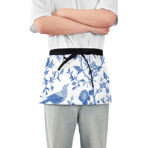 Blue Ink Birds Flowers Short Server Apron with 3 Pockets for Unisex Chef Gardening