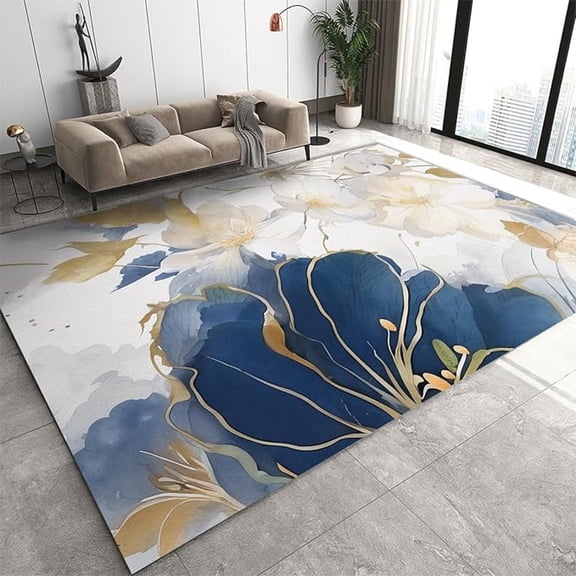 Blue Ink Flower Art Area Rug, European Light Luxury Platinum Rose Flower Indoor Rugs, With Anti-Slip Easy Clean Carpet For Living Room Bedroom Kitchen Dining Room Home Office 5x8ft