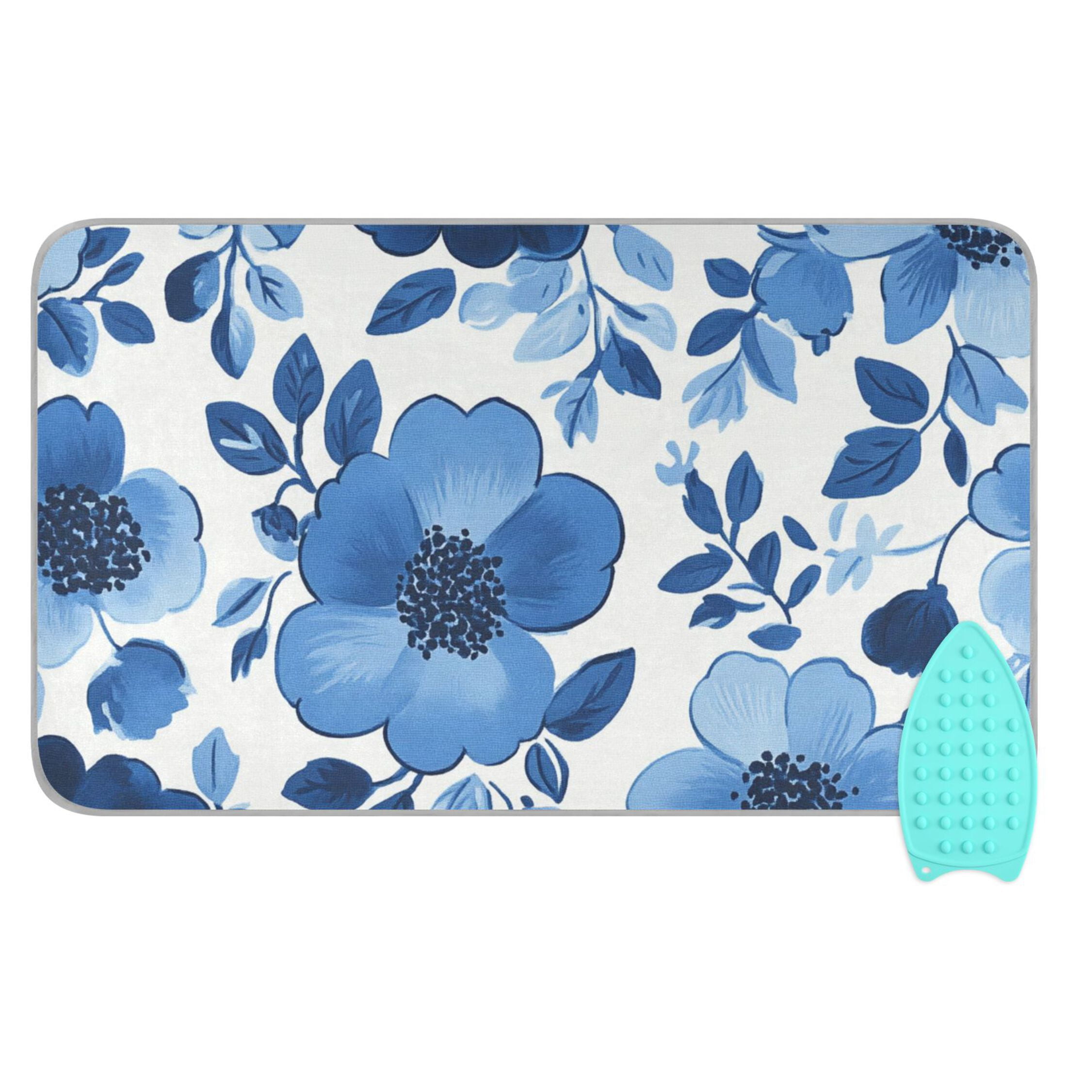 Blue Ink Flower Ironing Mat Blanket for Table Top Travel Portable Ironing Board Pad 47.2x27.6 Inch