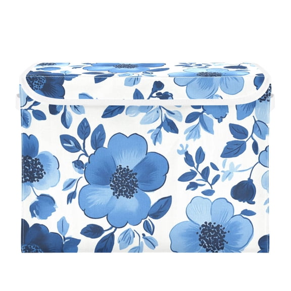 Blue Ink Flower Large Storage Bins with Linen Collapsible Lid Storage Box 16.7 x 12.6 x 11.8in