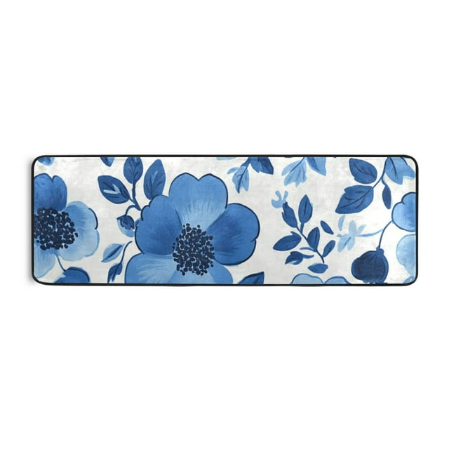 Blue Ink Flower Runner Rug for Hallways Kitchen Non Slip 2'x 6