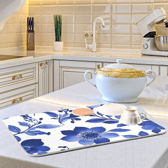 Blue Ink Flower and Leaf Dish Drying Mats for Kitchen Counter Absorbent Microfiber Coffee Pad