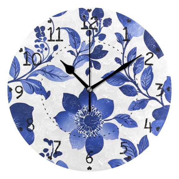 Blue Ink Flower and Leaf Round Wall Clock Silent Battery Operated Home Decor for Living Room Bedroom