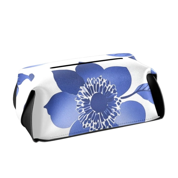 Blue Ink Flower and Leaf Tissue Box Cover Leather Square Rectangle Tissue Box Holder for Bathroom Living Room Desk Office Decor