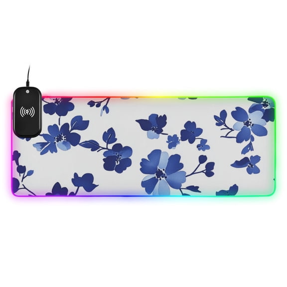 Blue Ink Flower on A White Background Wireless Charging RGB Gaming Mouse Pad Large Keyboard Mat Rubber Base 13 Light Modes