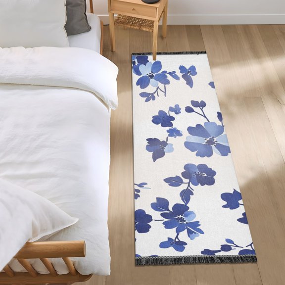 Blue Ink Flower on White Background Bedside Runner Rug 2'x 6' Non Slip Carpet Floor Mat Area Rug