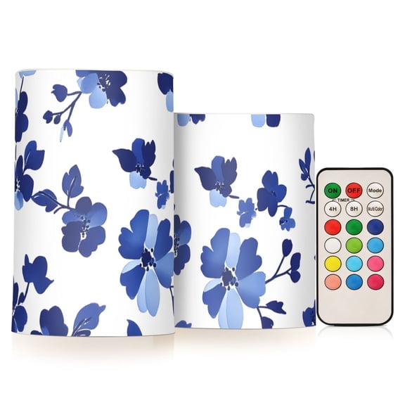 Blue Ink Flower on White Background Flickering Flameless Candles LED Tealight Battery Operated with Remote Set of 2 Holiday Decor Ornaments