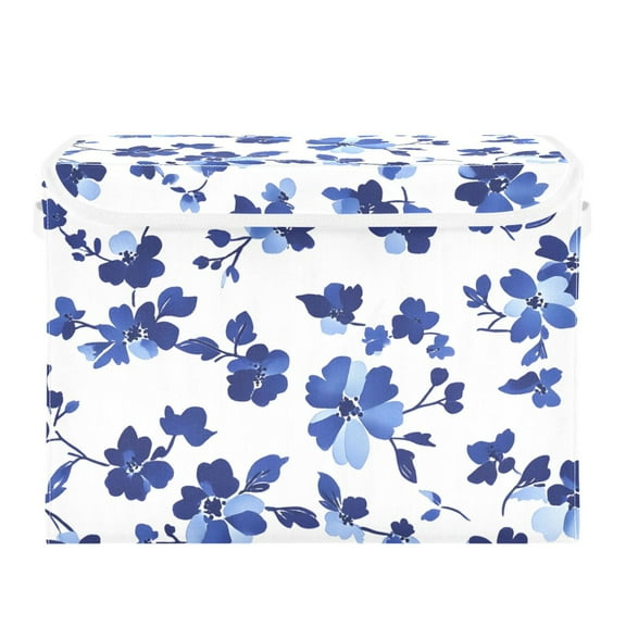 Blue Ink Flower on White Background Large Storage Bins with Linen Collapsible Lid Storage Box 16.7 x 12.6 x 11.8in
