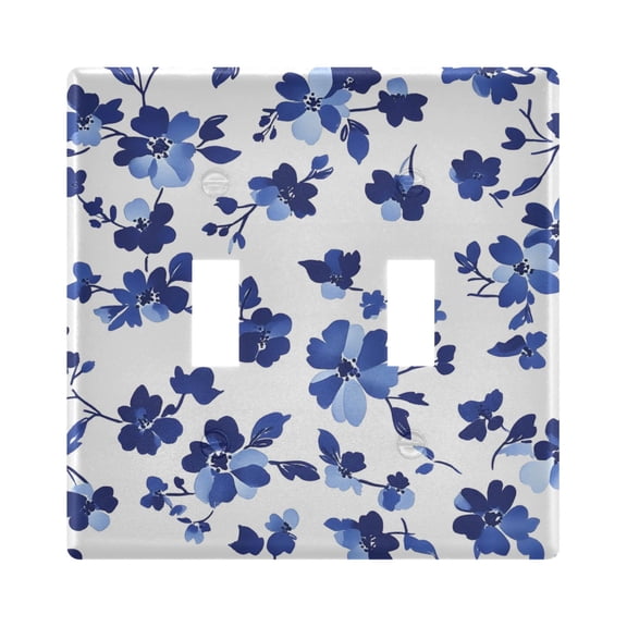 Blue Ink Flower on White Background Light Switch Cover Electrical Outlet Cover Replaceable Wall Plates 2-Gang