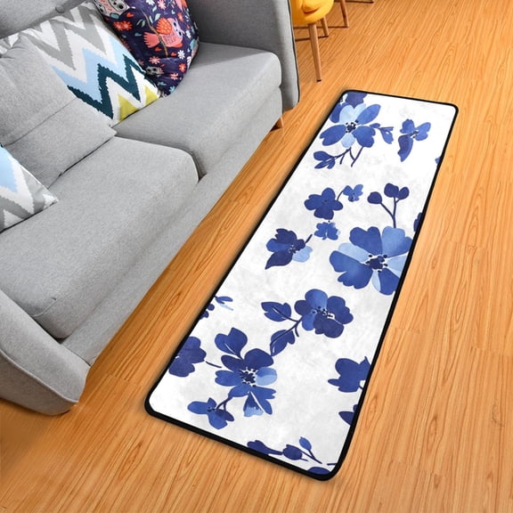 Blue Ink Flower on White Background Long Floor Mat Runner Rug Area Mat Noise Reduction Water Absorbent Non-Slip 72" x 24"