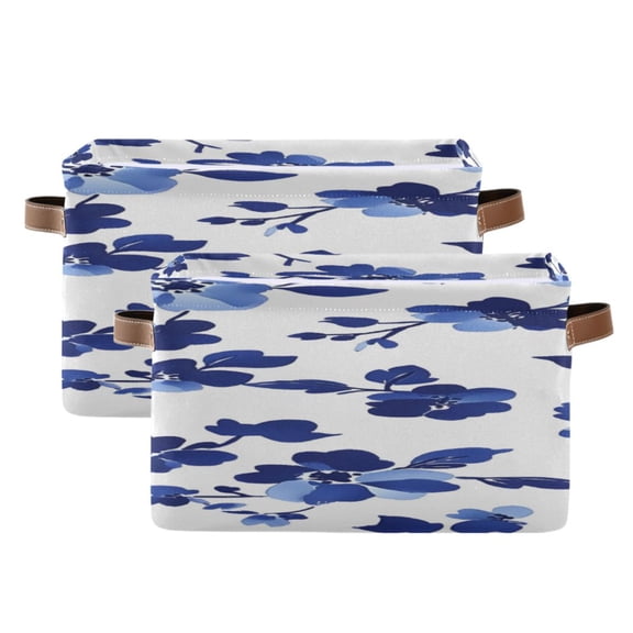 Blue Ink Flower on White Background Square Storage Bins with Handles Collapsible Containing Box 2 Packs